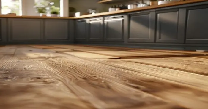 Tarima flotante sobre suelo radiante eléctrico en cocina con isla