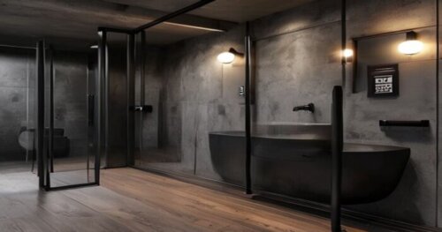 Photorealistic image of a modern industrial bathroom with black metal-framed shower enclosure, vinyl flooring with subtle wood texture, and a sleek thermostat on the wall. Warm lighting, gray concrete