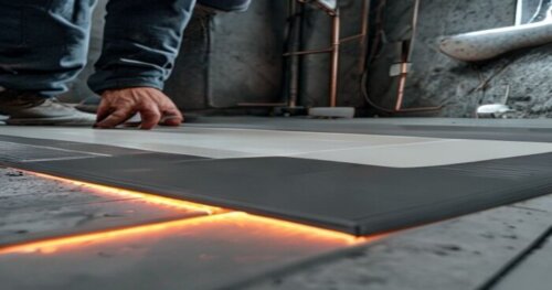 Photorealistic close-up of a bathroom floor installation: a worker's hands placing a vinyl tile over an electric radiant heating mat, with a thermal insulation layer visible underneath. The bathroom h