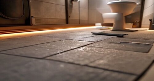 Photorealistic close-up of a bathroom floor with vinyl planks installed over a radiant heating system, showing a linear drain integrated into the floor with a slight slope. The floor is being installe
