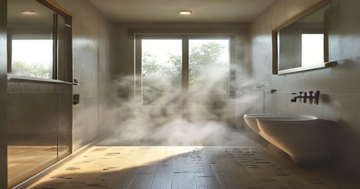 Suelo vinílico radiante en baños con mamparas de obra y desagüe lineal