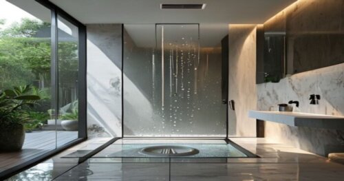 A photorealistic image of a modern bathroom with a walk-in shower featuring a frameless glass shower screen with self-cleaning coating, large format porcelain tiles on the floor and walls, and a linea