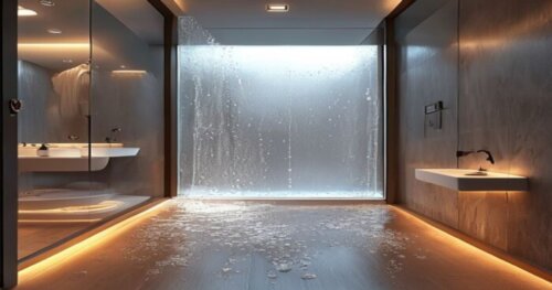 Photorealistic image of a modern bathroom with a frameless glass shower enclosure featuring photocatalytic self-cleaning technology. The floor is luxury vinyl plank with radiant heating, and a warm gl