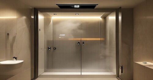 A photorealistic image of a modern bathroom with a sleek glass shower enclosure featuring an integrated humidity sensor and ventilation system. The sensor is visible on the top frame with a small LED