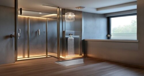 A photorealistic image of a modern walk-in shower with a glass enclosure and a built-in water filtration system. The shower has a sleek chrome rain showerhead and a visible filter cartridge. The floor