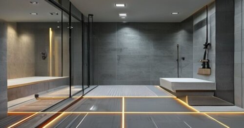 Photorealistic image of a modern bathroom with a walk-in shower featuring a linear drain and a built-in shower bench. The floor is vinyl plank flooring with visible heating elements underneath. The wa