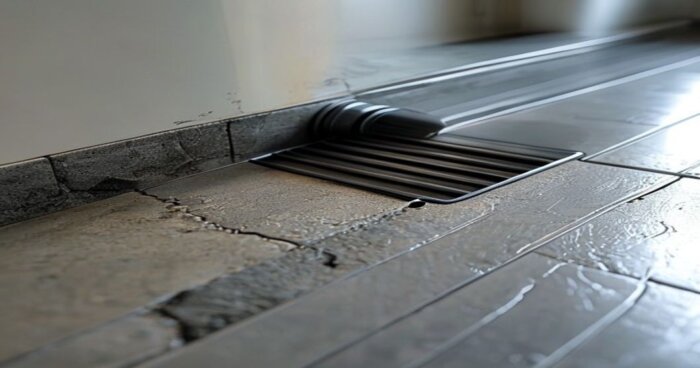 Instalación suelo vinílico radiante en baño con mampara obra y desagüe lineal