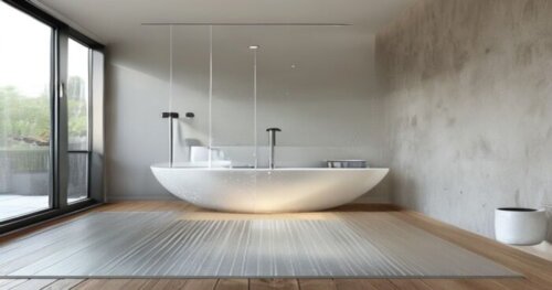 Photorealistic modern bathroom with a walk-in shower featuring a glass shower screen with photocatalytic self-cleaning coating. The floor is vinyl wood-look planks over radiant heating. Soft natural l