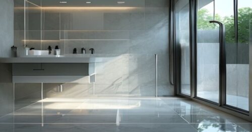 A photorealistic image of a modern bathroom with a frameless glass shower enclosure, a linear drain on the floor, and a technical porcelain tile floor. In the foreground, a compact reverse osmosis sys