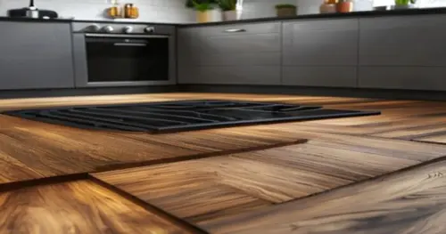 Photorealistic close-up of a modern kitchen with an induction cooktop and integrated ventilation system, showing a newly installed floating floor with a fire-resistant laminate. The floor has a wood g