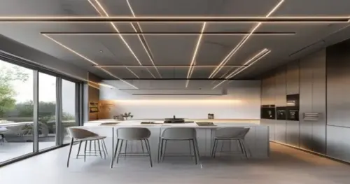 Photorealistic image of a modern open-plan kitchen with a suspended acoustic ceiling with integrated LED strip lighting. The ceiling has a clean white finish with linear LED channels running parallel.
