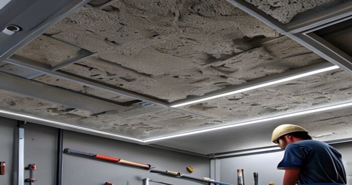 Instalación de falso techo acústico con LED en cocina abierta