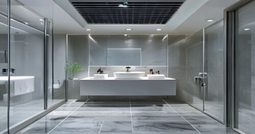 Photorealistic image of a modern bathroom renovation with vinyl flooring and a glass shower enclosure. In the ceiling, a ventilation grille is visible near the shower. The room is well-lit, with a til