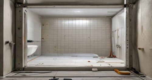 A realistic photo of a bathroom under construction, showing a metal stud frame for drywall partition with acoustic insulation (mineral wool) being installed. In the background, a shower enclosure and