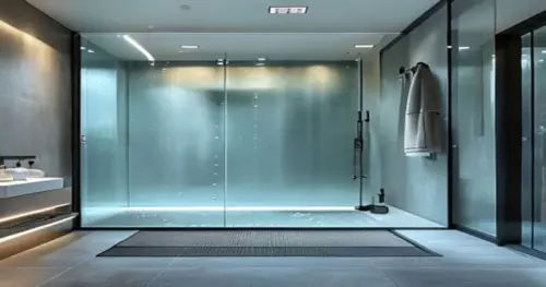 Photorealistic image of a modern bathroom with a frameless glass shower enclosure featuring photocatalytic coating. The floor is large-format porcelain tile with a linear drain. Underfloor heating is