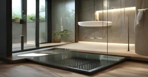 Photorealistic close-up of a modern bathroom with a frameless glass shower enclosure featuring an integrated drainage channel at the bottom, set on a floating wooden floor. The floor has a subtle slop