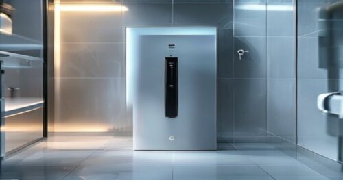 Photorealistic close-up of a modern bathroom shower enclosure with an integrated air purification system, installed on a porcelain tile floor. The system is visible as a sleek panel on top of the glas