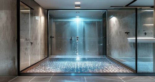 A photorealistic image of a modern bathroom with a walk-in shower featuring a frameless glass shower screen with ultrasonic self-cleaning system. The shower floor is porcelain tile with visible radian