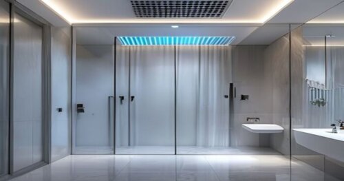 Photorealistic image of a modern bathroom with a frameless glass shower enclosure featuring UV-C disinfection lights integrated into the top rail. The floor is polished porcelain tile. A ventilation g