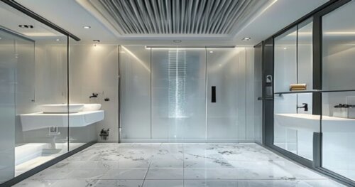 Photorealistic image of a modern bathroom with a glass shower enclosure, porcelain tile floor, and a ventilation grille on the ceiling. The shower has a built-in ozone generator panel. The scene is br