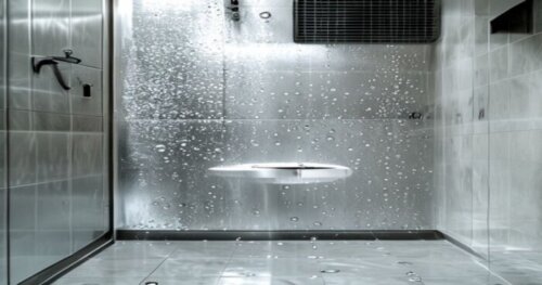 Photorealistic close-up of a modern bathroom shower enclosure with a plasma cold self-cleaning system installed. The glass is crystal clear, water droplets are beading and sliding off. Porcelain tile