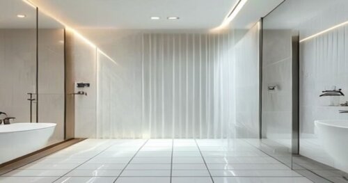 Photorealistic image of a modern bathroom with a glass shower enclosure, porcelain tile floor, and a wall-mounted ionization system visible near the shower head. Soft natural light, clean and minimali