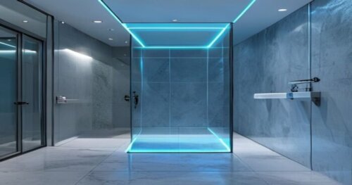 A photorealistic image of a modern bathroom with porcelain tile flooring and underfloor heating, featuring a frameless glass shower enclosure with a photocatalytic disinfection system. The glass has a