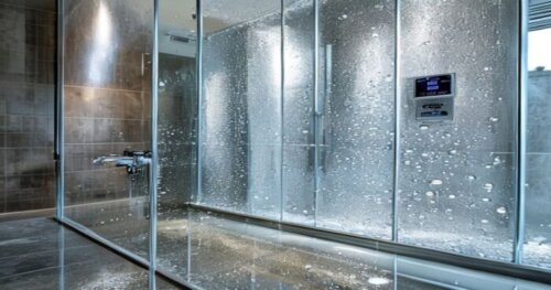 Photorealistic close-up of a modern bathroom shower enclosure with clear glass panels treated with silver nanoparticles, showing water beading up and rolling off the surface, with large-format porcela