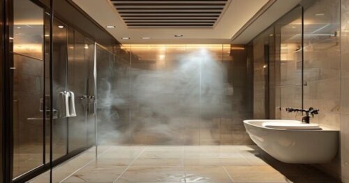 Photorealistic interior of a modern bathroom with porcelain tile walls and floor, a glass shower enclosure with sleek aluminum frame, and a ceiling with hidden air conditioning vents. Warm lighting, s