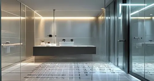 Mamparas de ducha con ósmosis inversa en baños de porcelánico