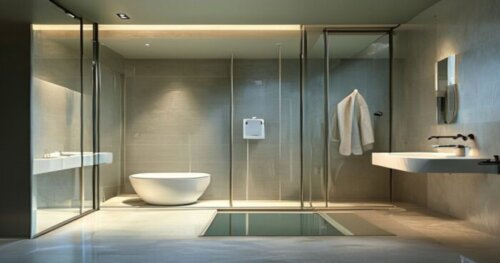 Photorealistic image of a modern bathroom with a glass shower enclosure, porcelain tile floor, and a visible water recycling system unit under the shower tray. Soft natural lighting, clean lines, eco-
