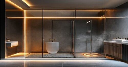 A photorealistic bathroom with a modern walk-in shower enclosure featuring a heat recovery system. The shower has a sleek glass door and metallic frame. The floor is made of polished porcelain tiles w