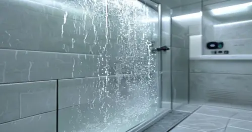 Photorealistic close-up of a glass shower enclosure with electro-wetting technology, showing water sliding off the glass in a thin sheet, no droplets. Bathroom with porcelain tile walls and floor, und
