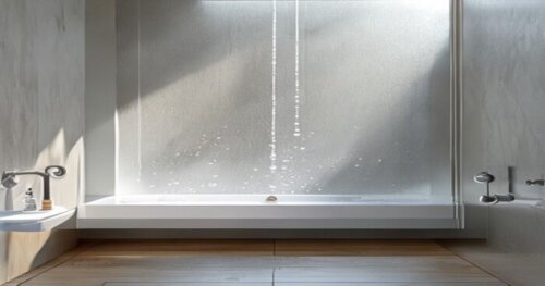 Photorealistic close-up of a modern bathroom shower enclosure with clear glass panels, featuring an ultrasonic self-cleaning system. The glass is spotless and water beads are rolling off. The shower t