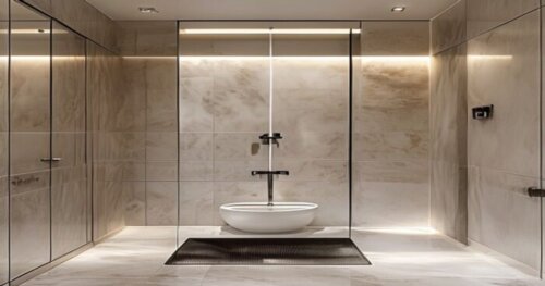 Photorealistic close-up of a modern bathroom shower with a frameless glass enclosure, large-format porcelain tiles on walls and floor, a linear drain in the center of the shower floor, and a steam noz