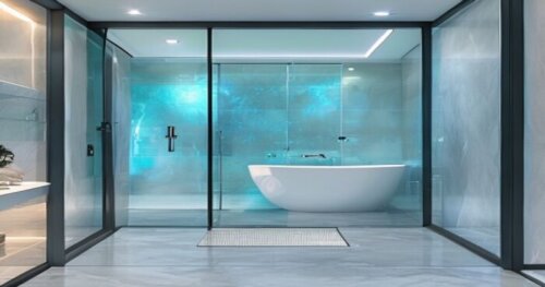 A modern bathroom with a walk-in shower featuring a frameless glass shower screen. The glass has a subtle plasma coating effect visible as a faint iridescent sheen. The floor is large-format porcelain