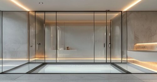 Photorealistic image of a modern bathroom with a frameless glass shower enclosure featuring photocatalytic self-cleaning technology, installed over liquid porcelain flooring with underfloor heating. T