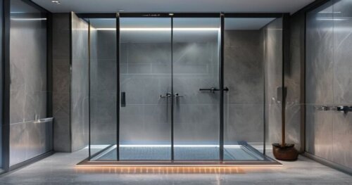 A photorealistic image of a modern bathroom with a walk-in shower featuring a frameless glass shower screen with UV-C self-cleaning system. The walls and floor are covered in large-format porcelain ti