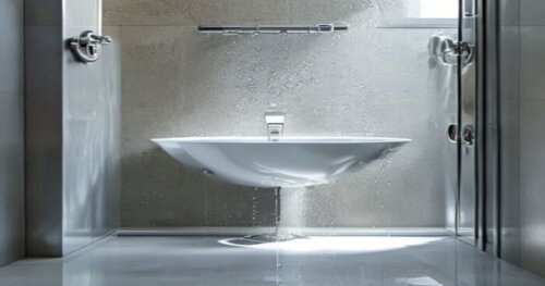 Photorealistic close-up of a modern bathroom shower enclosure with an ionization system installed. The glass is clear and shiny, with water droplets beading up on the surface. The floor is polished po
