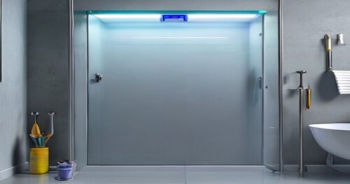 Photorealistic close-up of a bathroom shower enclosure with UV-C disinfection system, installed on a vinyl floor and plasterboard wall. The glass panel is transparent, showing the UV lamp mounted on t
