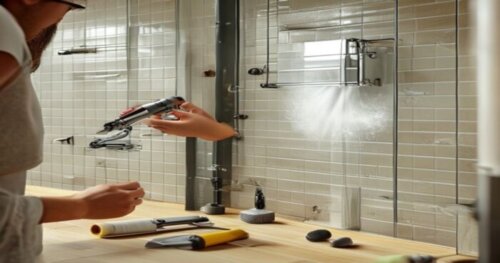 Photorealistic close-up of a modern glass shower enclosure with an ozone disinfection system being installed in a bathroom with porcelain tile walls and floating wood floor. Tools like a drill, level,