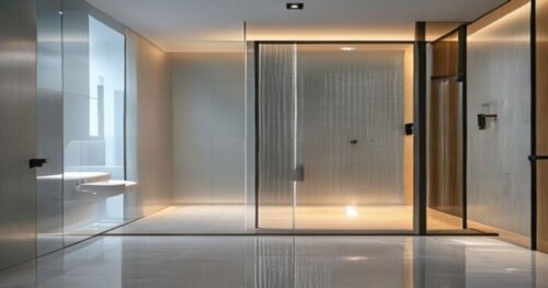 Photorealistic image of a modern bathroom with a glass shower enclosure featuring a pulsed light disinfection system. The floor is glossy porcelain tile, and there is a floating wood floor in the dry