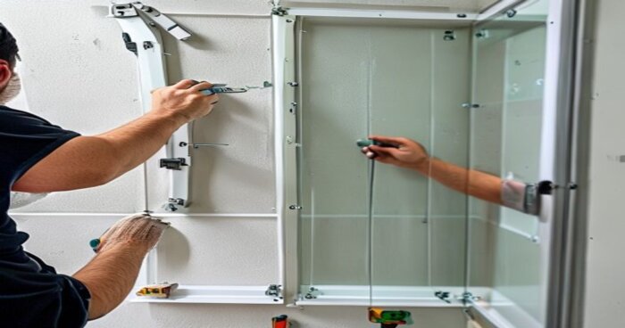 Mamparas UV-C en aluminio: instalación en baños de porcelánico y yeso laminado