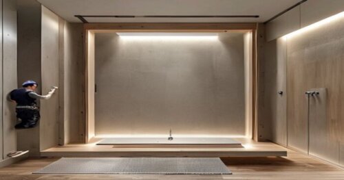 Realistic photo of a modern bathroom with a walk-in shower enclosure with UV-C self-cleaning system, installed over a floating wood floor and plasterboard walls. The shower frame is being sealed with