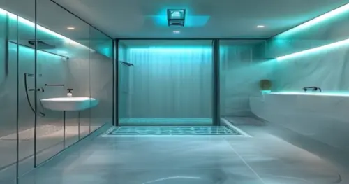 A photorealistic image of a modern bathroom with a walk-in shower featuring a glass shower screen. The floor is seamless liquid porcelain in a light gray tone, with visible underfloor heating thermost