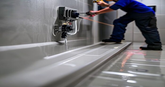 Guía técnica: mampara ducha UV-C en baño con porcelánico líquido y suelo radiante