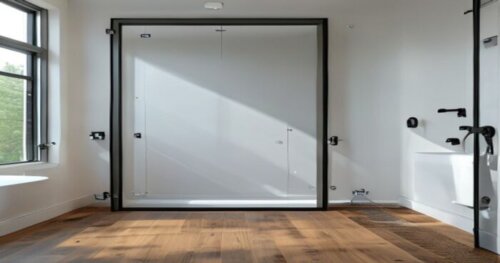Photorealistic image of a modern bathroom with a frameless glass shower enclosure. The shower door features small ultrasonic transducers attached to the bottom edge. The floor is vinyl wood-look plank