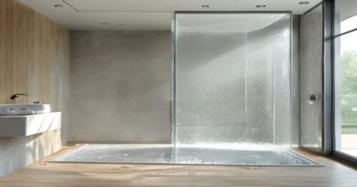 A photorealistic image of a modern bathroom with a frameless glass shower enclosure featuring photocatalytic self-cleaning technology. The shower is installed on a vinyl floor that looks like light wo