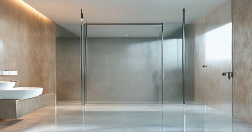 Photorealistic image of a modern bathroom with a frameless glass shower enclosure featuring electro-wetting technology. The floor is glossy epoxy resin in light gray, and the walls are smooth microcem