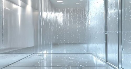 Photorealistic close-up of a glass shower screen with plasma cold treatment, showing water beading and sliding off the surface. Modern bathroom with porcelain tile floor and white gypsum board walls.